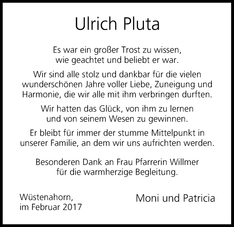  Traueranzeige für Ulrich Pluta vom 04.02.2017 aus MGO