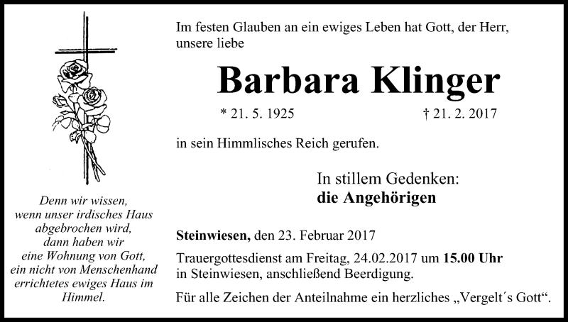  Traueranzeige für Barbara Klinger vom 23.02.2017 aus MGO