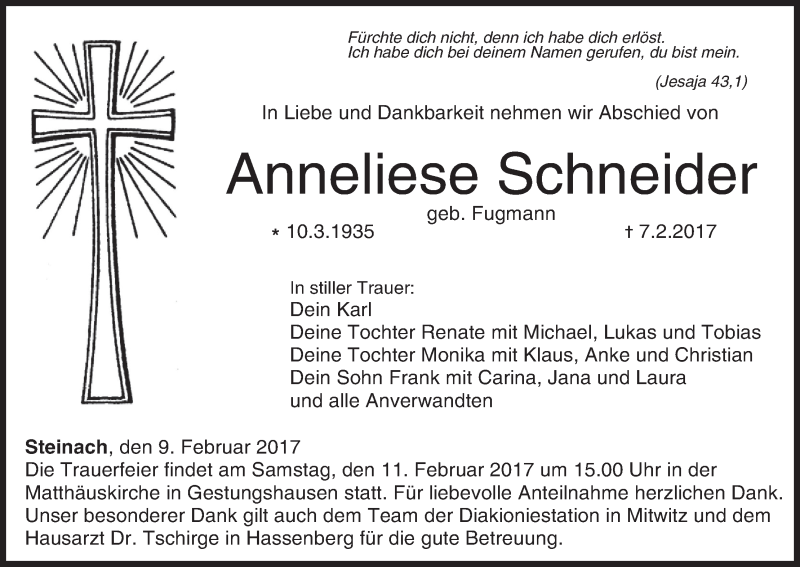  Traueranzeige für Anneliese Schneider vom 09.02.2017 aus MGO