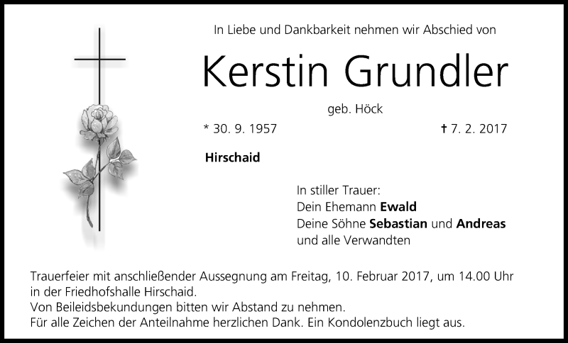  Traueranzeige für Kerstin Grundler vom 09.02.2017 aus MGO