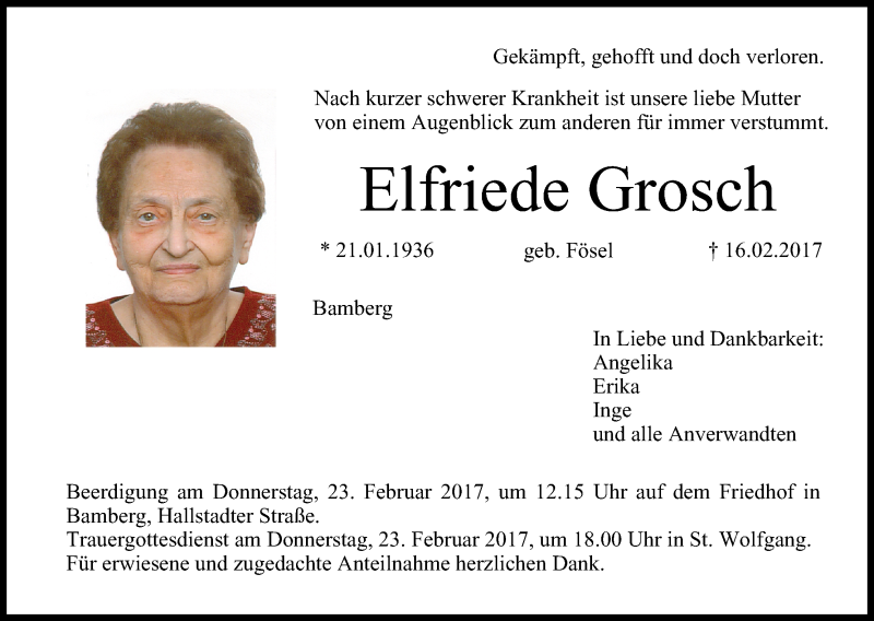  Traueranzeige für Elfriede Grosch vom 21.02.2017 aus MGO