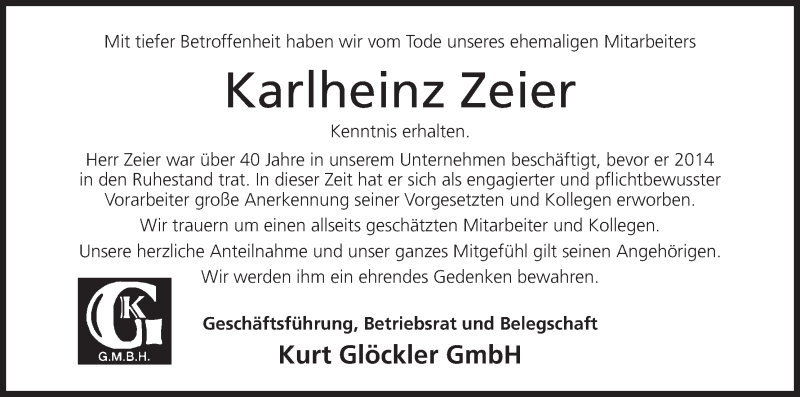  Traueranzeige für Karlheinz Zeier vom 01.02.2017 aus MGO