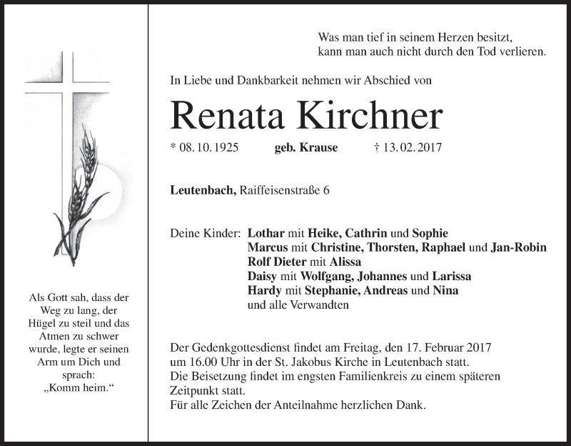  Traueranzeige für Renata Kirchner vom 15.02.2017 aus MGO