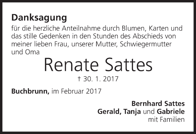  Traueranzeige für Renate Sattes vom 20.02.2017 aus MGO