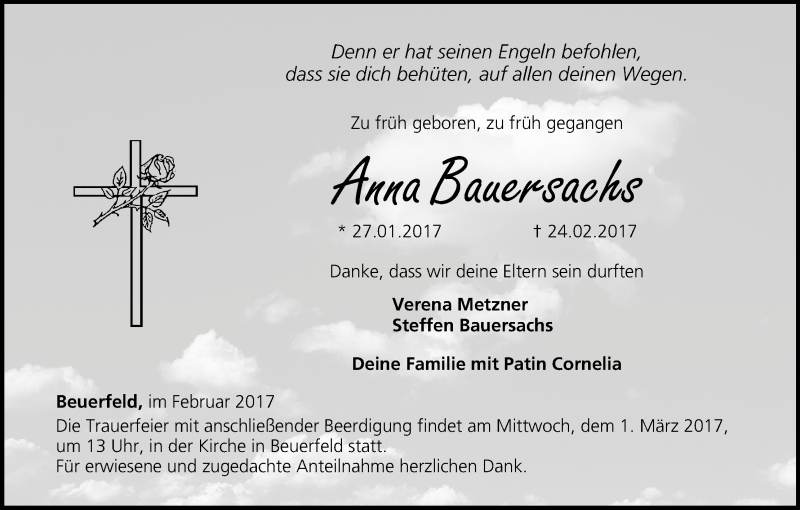  Traueranzeige für Anna Bauersachs vom 27.02.2017 aus MGO