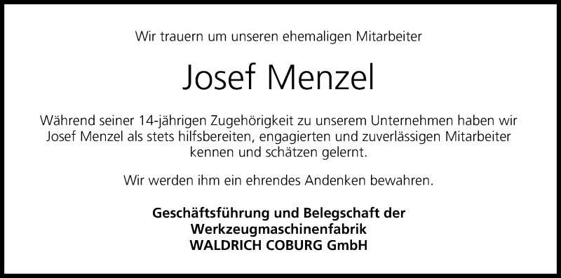  Traueranzeige für Josef Menzel vom 21.02.2017 aus MGO
