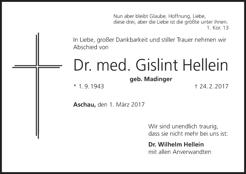  Traueranzeige für Gislint Hellein vom 01.03.2017 aus MGO