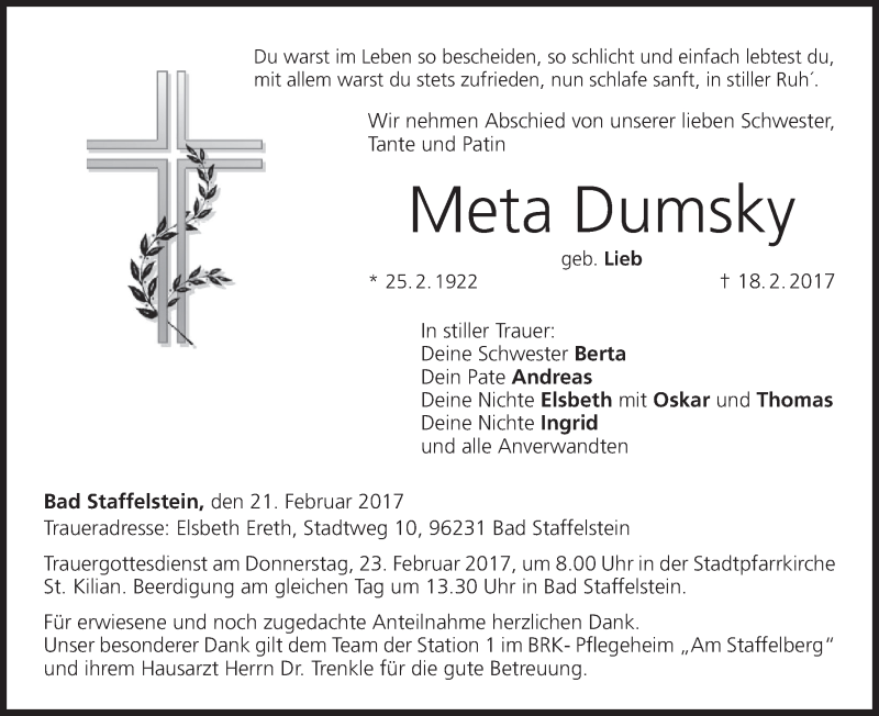  Traueranzeige für Meta Dumsky vom 21.02.2017 aus MGO