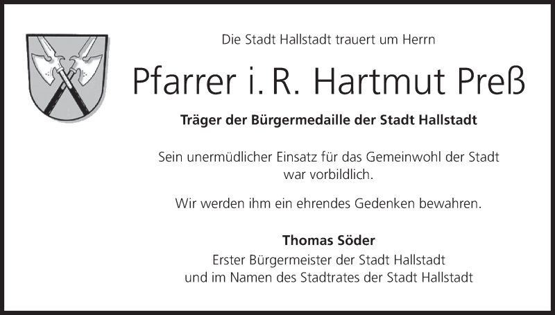  Traueranzeige für Hartmut Preß vom 11.02.2017 aus MGO