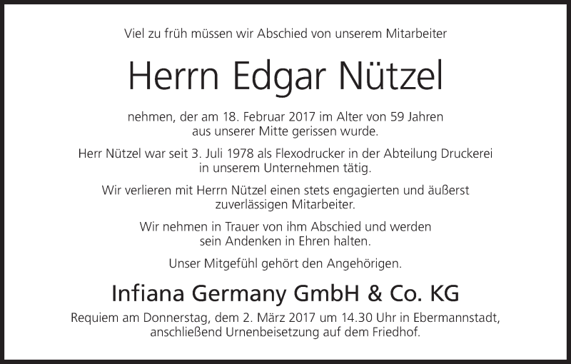  Traueranzeige für Edgar Nützel vom 25.02.2017 aus MGO