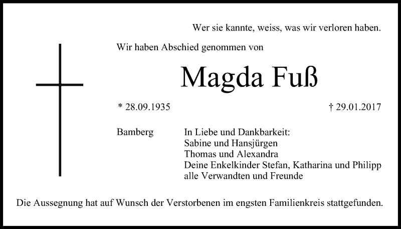  Traueranzeige für Magda Fuß vom 18.02.2017 aus MGO
