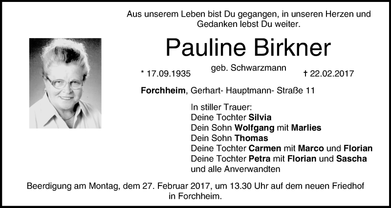  Traueranzeige für Pauline Birkner vom 25.02.2017 aus MGO