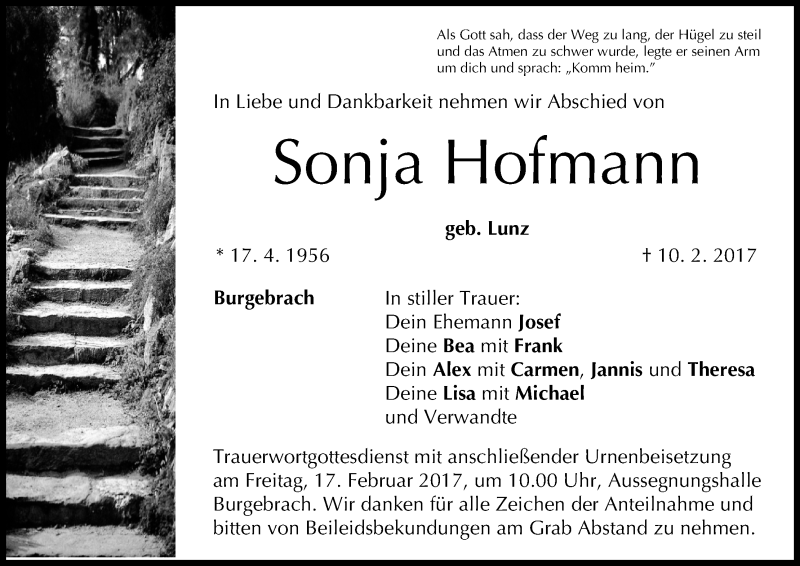  Traueranzeige für Sonja Hofmann vom 14.02.2017 aus MGO