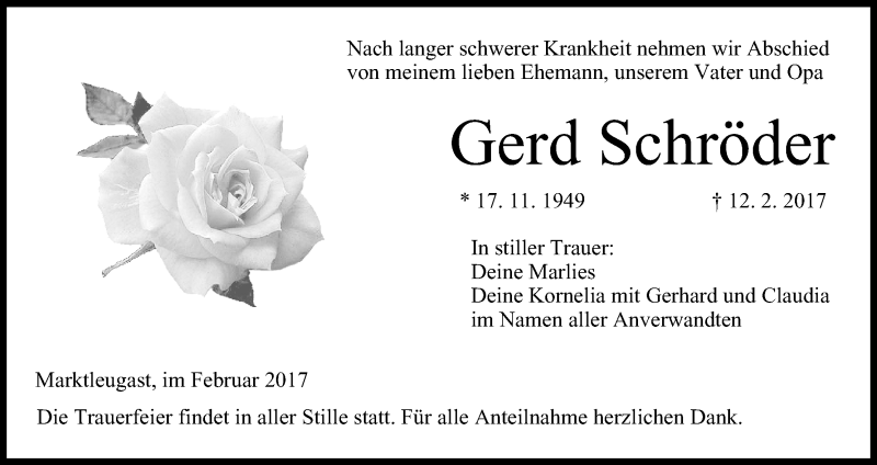  Traueranzeige für Gerd Schröder vom 17.02.2017 aus MGO