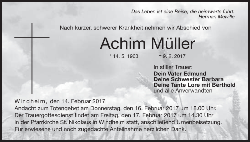  Traueranzeige für Achim Müller vom 14.02.2017 aus MGO