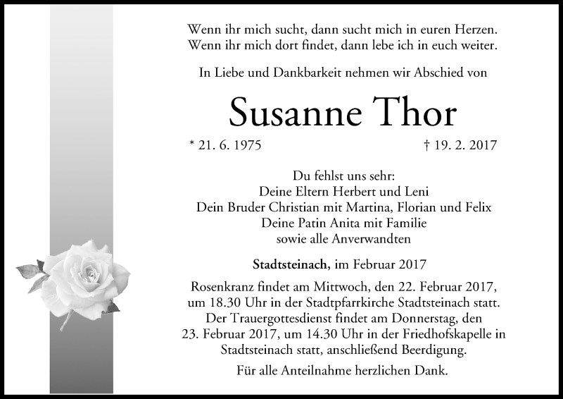  Traueranzeige für Susanne Thor vom 21.02.2017 aus MGO