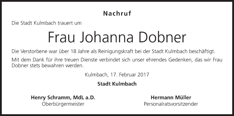  Traueranzeige für Johanna Dobner vom 17.02.2017 aus MGO