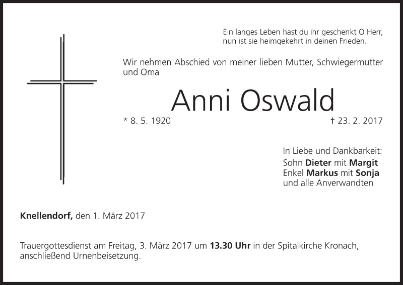  Traueranzeige für Anni Oswald vom 01.03.2017 aus MGO