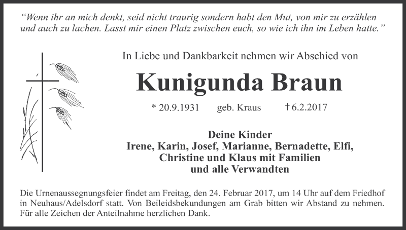  Traueranzeige für Kunigunda Braun vom 20.02.2017 aus MGO