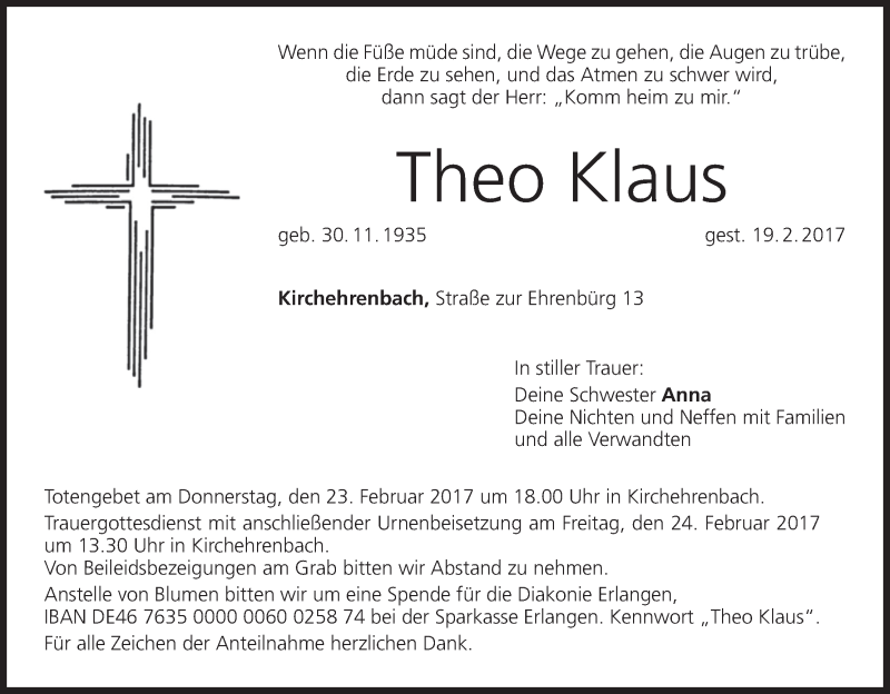  Traueranzeige für Theo Klaus vom 21.02.2017 aus MGO