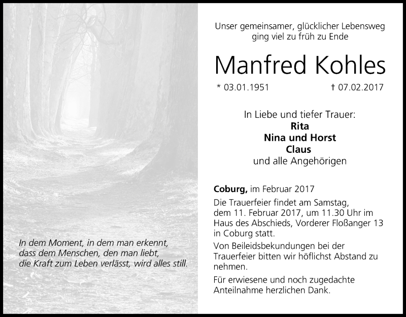  Traueranzeige für Manfred Kohles vom 09.02.2017 aus MGO