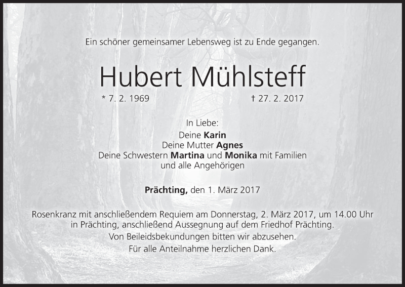  Traueranzeige für Hubert Mühlsteff vom 01.03.2017 aus MGO