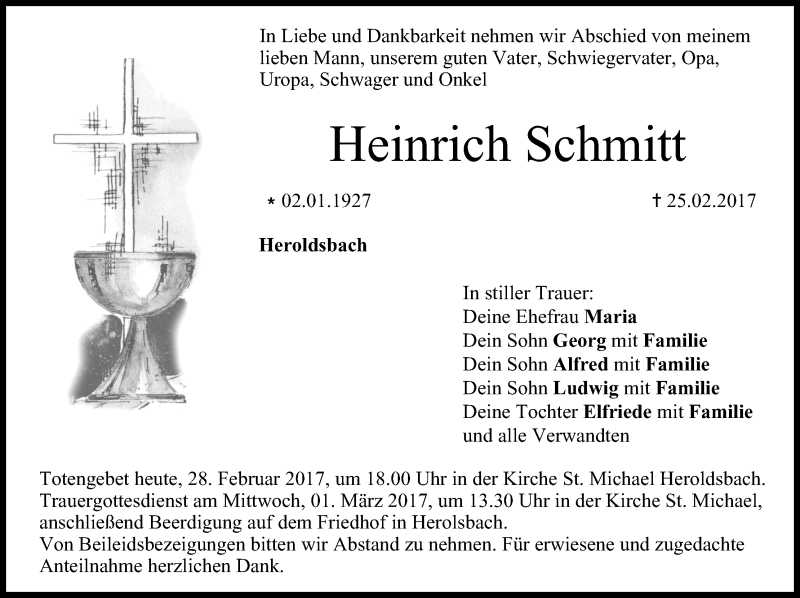  Traueranzeige für Heinrich Schmitt vom 28.02.2017 aus MGO