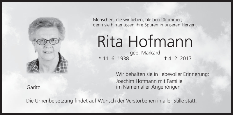  Traueranzeige für Rita Hofmann vom 10.02.2017 aus MGO
