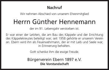 Anzeige von Günther Hennemann von MGO