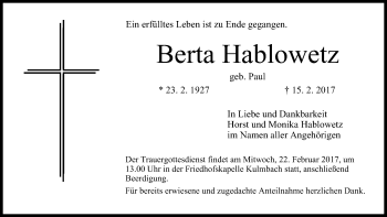 Anzeige von Berta Hablowetz von MGO
