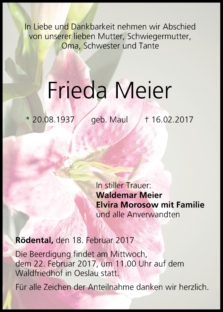  Traueranzeige für Frieda Meier vom 18.02.2017 aus MGO
