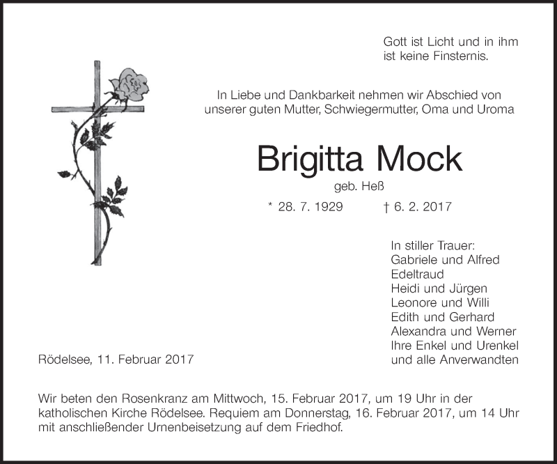  Traueranzeige für Brigitta Mock vom 11.02.2017 aus MGO