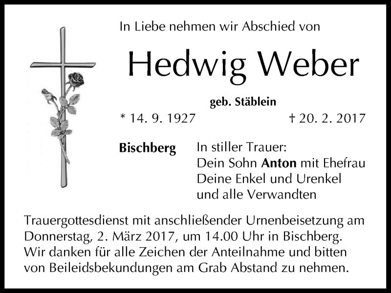  Traueranzeige für Hedwig Weber vom 25.02.2017 aus MGO