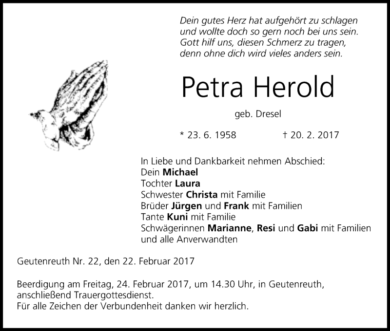  Traueranzeige für Petra Herold vom 22.02.2017 aus MGO