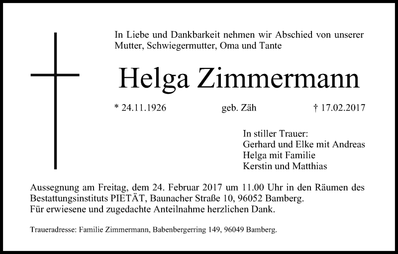  Traueranzeige für Helga Zimmermann vom 22.02.2017 aus MGO