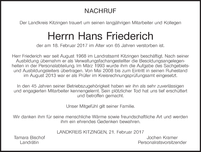  Traueranzeige für Hans Friederich vom 22.02.2017 aus MGO