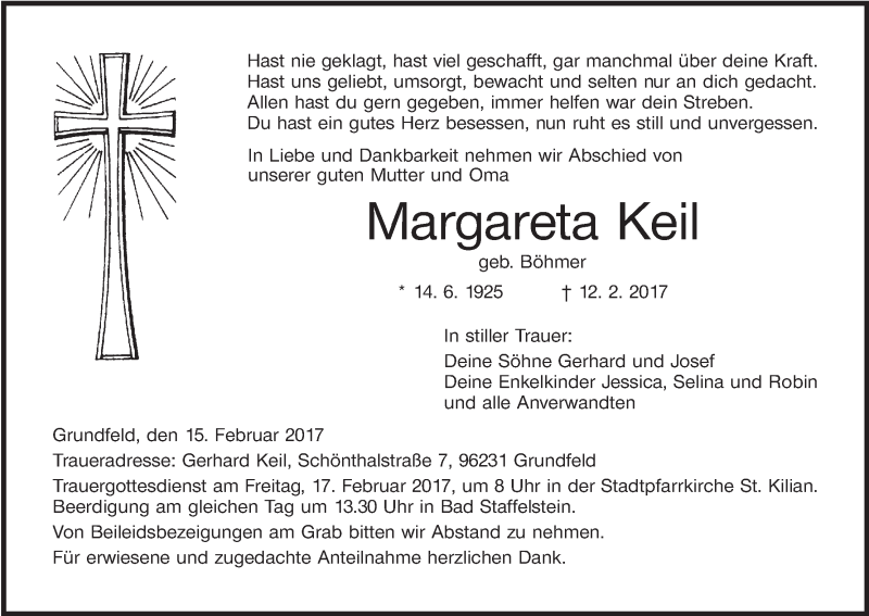  Traueranzeige für Margareta Keil vom 15.02.2017 aus MGO