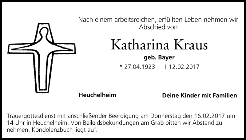  Traueranzeige für Katharina Kraus vom 15.02.2017 aus MGO