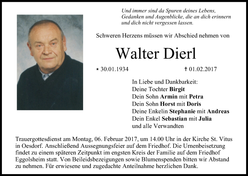  Traueranzeige für Walter Dierl vom 04.02.2017 aus MGO
