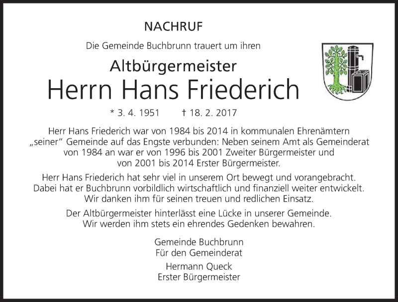  Traueranzeige für Hans Friederich vom 21.02.2017 aus MGO