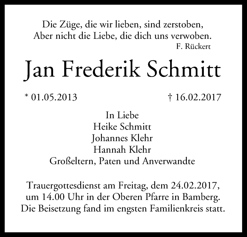  Traueranzeige für Jan Frederik Schmitt vom 22.02.2017 aus MGO