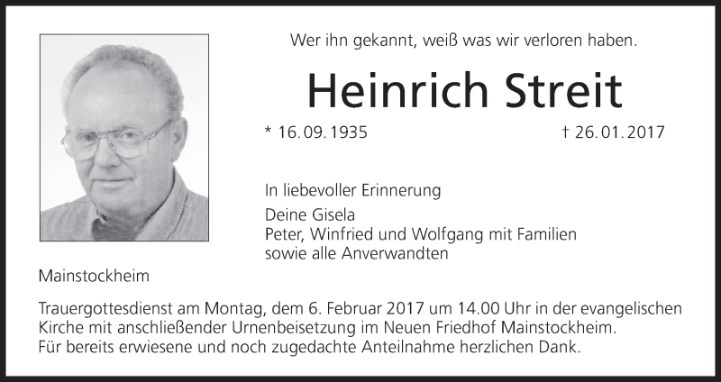  Traueranzeige für Heinrich Streit vom 01.02.2017 aus MGO