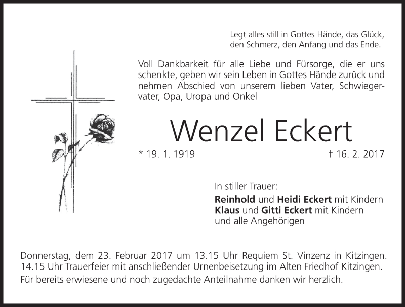  Traueranzeige für Wenzel Eckert vom 21.02.2017 aus MGO