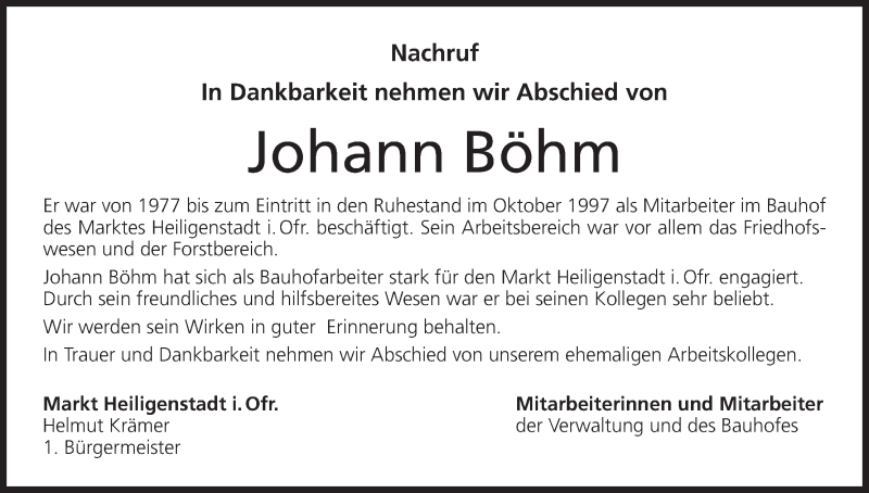  Traueranzeige für Johann Böhm vom 07.02.2017 aus MGO