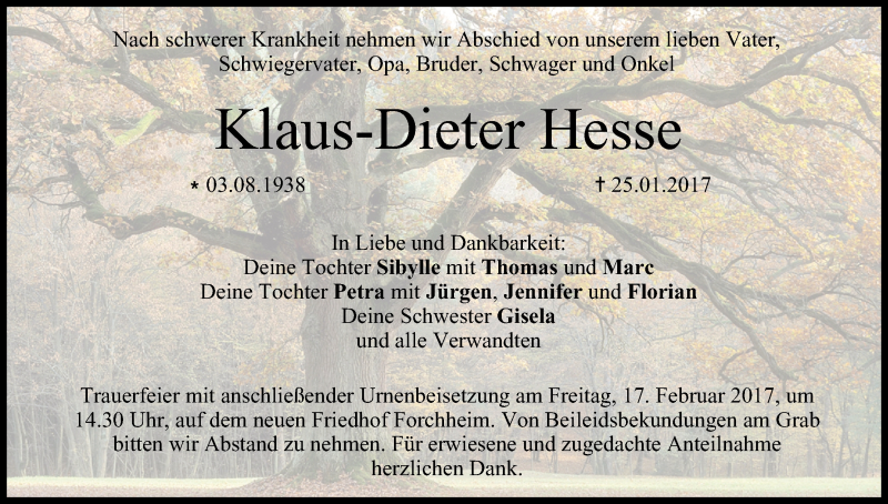  Traueranzeige für Klaus-Dieter Hesse vom 11.02.2017 aus MGO