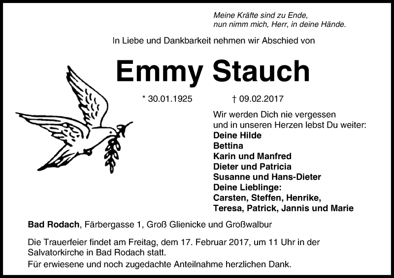  Traueranzeige für Emmy Stauch vom 14.02.2017 aus MGO