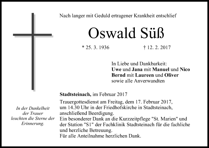  Traueranzeige für Oswald Süß vom 15.02.2017 aus MGO