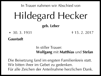 Anzeige von Hildegard Hecker von MGO