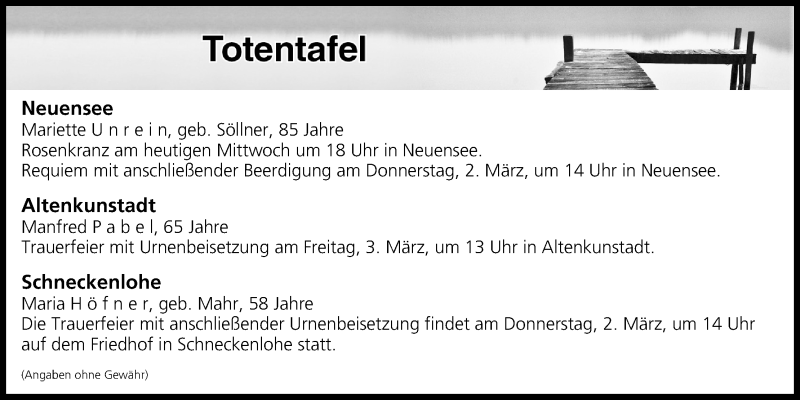 Traueranzeige für Totentafel vom 01.03.2017 vom 01.03.2017 aus MGO