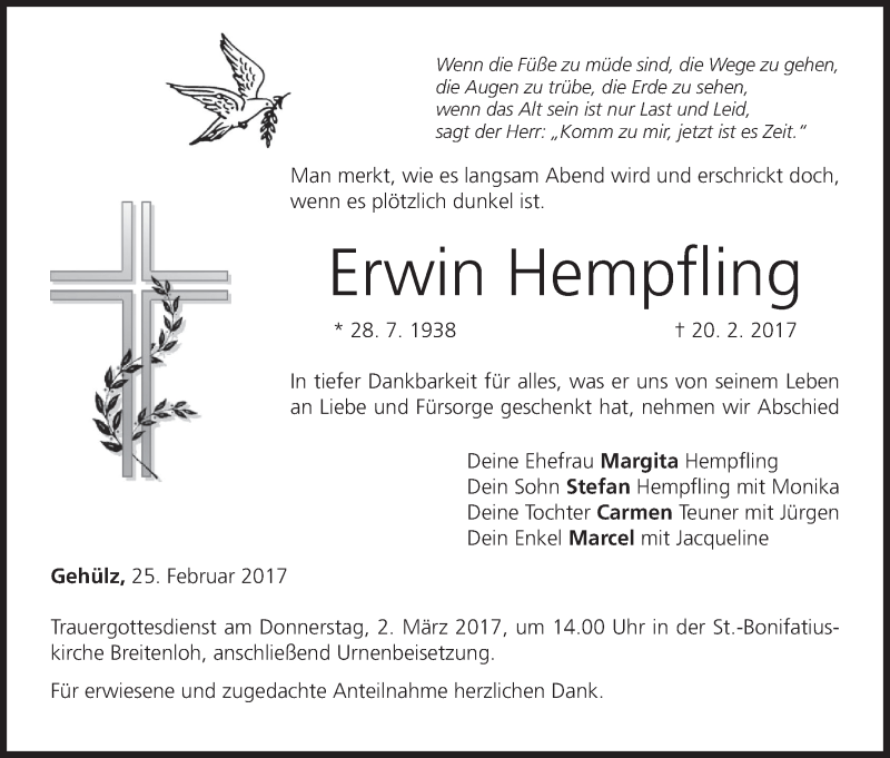 Traueranzeige für Erwin Hempfling vom 25.02.2017 aus MGO